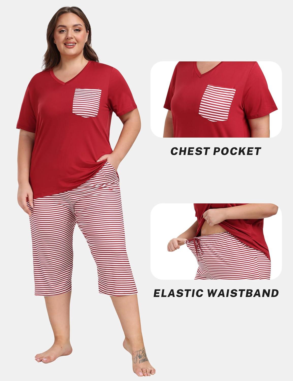 imageJINSHI Womens Plus Size Pajama Sets Short Sleeve Pjs Set V Neck Tops ampamp Capri Pants Sleepwear 2 Piece Lounge Set XL5XLRed Stripes