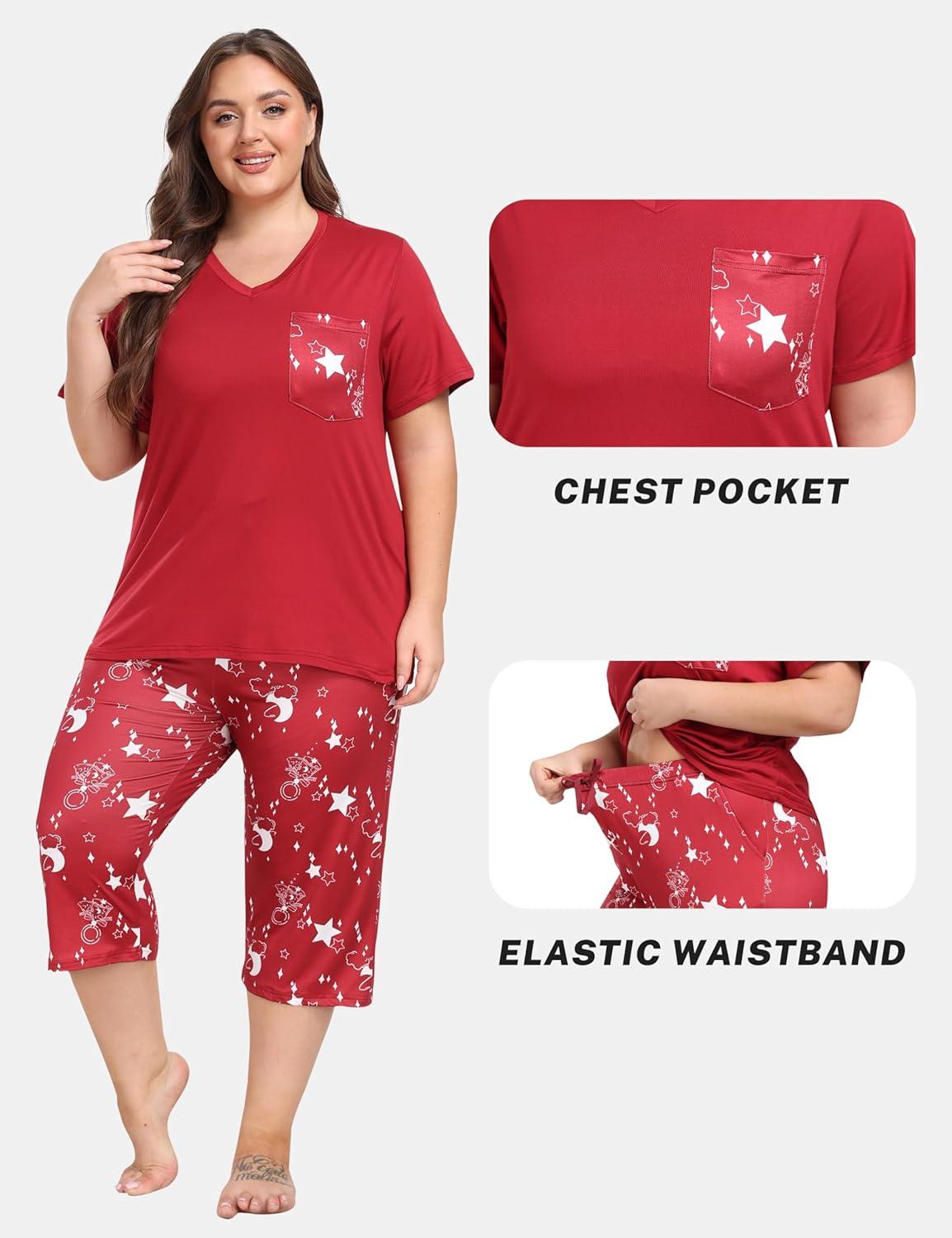 imageJINSHI Womens Plus Size Pajama Sets Short Sleeve Pjs Set V Neck Tops ampamp Capri Pants Sleepwear 2 Piece Lounge Set XL5XLSky Red