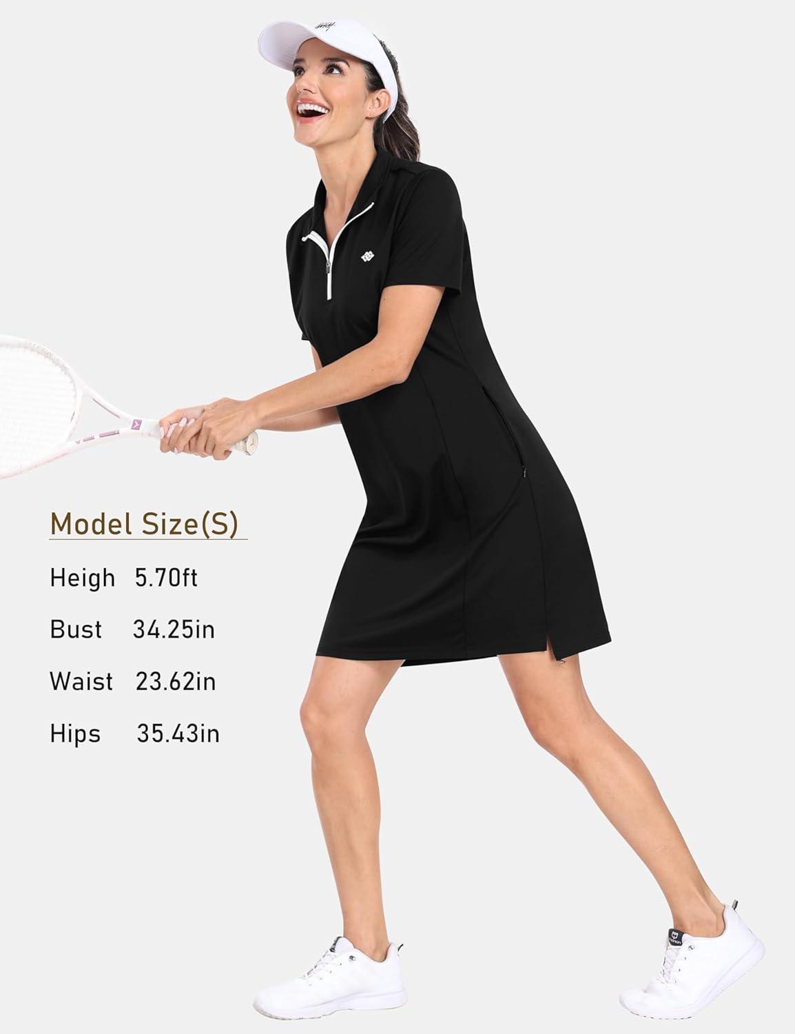 imageJINSHI Womens Tennis Golf Dress Soft Sport Workout Short Sleeve Stand Collar Dresses for Women with Zipper PocketsUpgraded Black