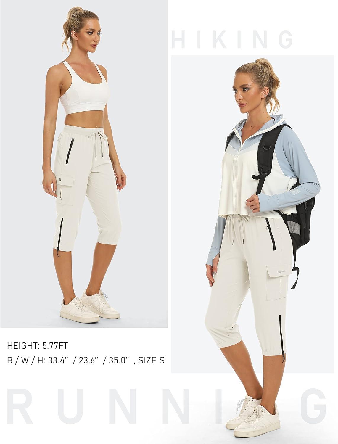 imageMoFiz Capris for Women Cargo Hiking Pants Lightweight Quick Dry Running Summer Athletic Workout Casual Outdoor Zipper with Pockets White L