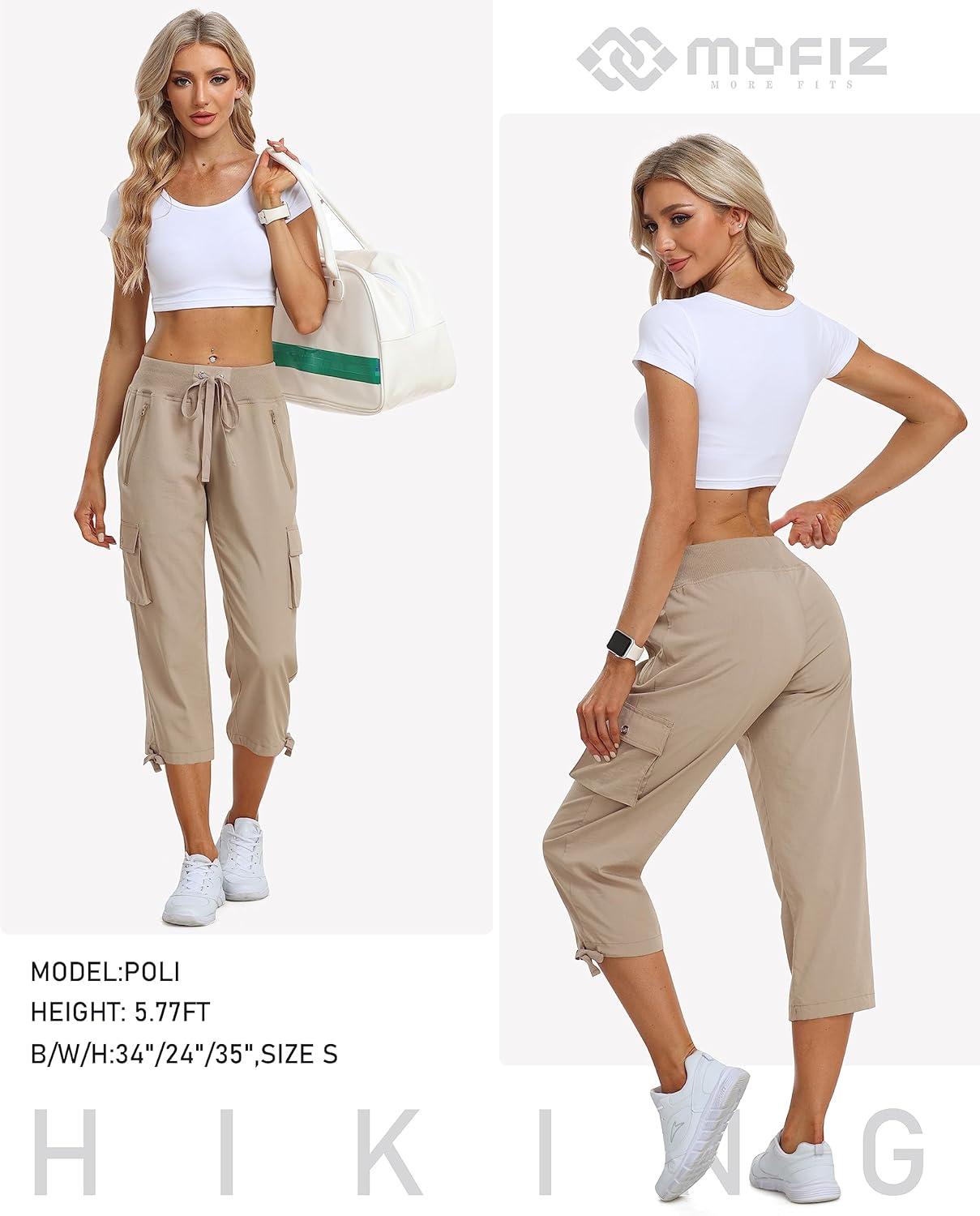 imageMoFiz Hiking Cargo Pants Women Summer 34 Long Lightweight Capri Outdoor Trousers Breathable with Zipper PocketC02khaki