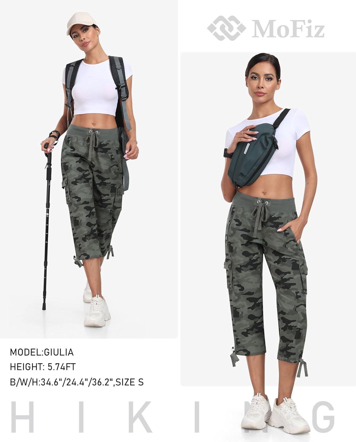 imageMoFiz Hiking Cargo Pants Women Summer 34 Long Lightweight Capri Outdoor Trousers Breathable with Zipper PocketCamo Green
