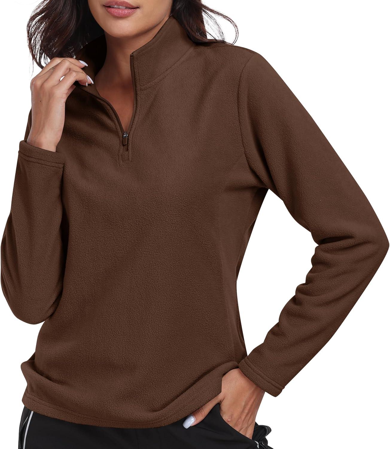 imageMoFiz Womens 14 Zip Polar Fleece Pullover Long Sleeve Soft Lightweight Warm Winter Jacket TopBrown