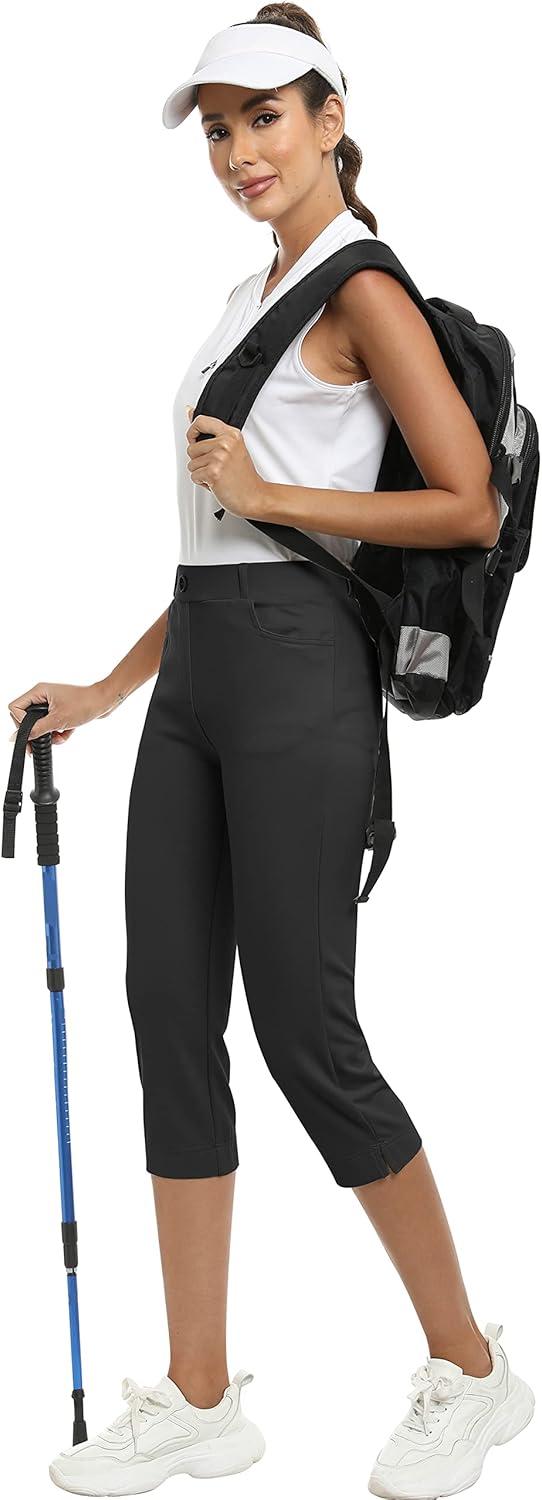 imageMoFiz Womens Capri Pants Summer PullOn Stretch Straight Leg Golf Yoga ampamp Business Casual Dressy Cropped Pants with PocketsDark Gray