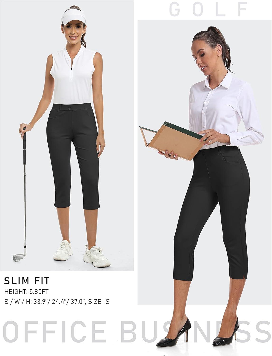 imageMoFiz Womens Capri Pants Summer PullOn Stretch Straight Leg Golf Yoga ampamp Business Casual Dressy Cropped Pants with PocketsDark Gray