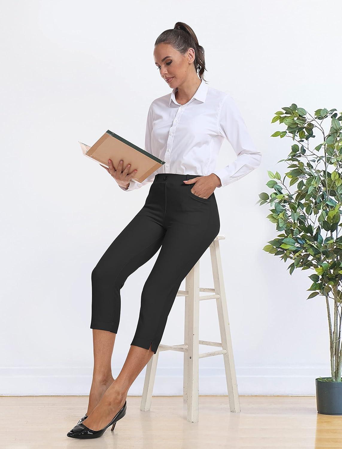 imageMoFiz Womens Capri Pants Summer PullOn Stretch Straight Leg Golf Yoga ampamp Business Casual Dressy Cropped Pants with PocketsDark Gray