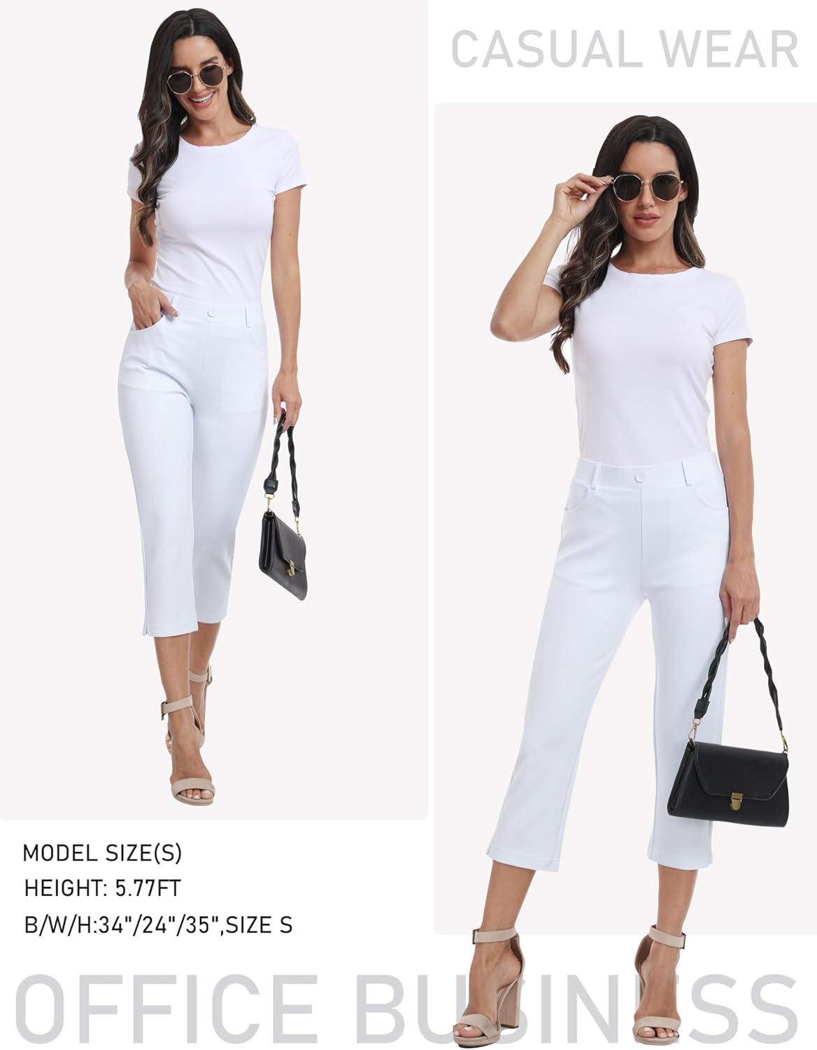 imageMoFiz Womens Capri Pants Summer PullOn Stretch Straight Leg Golf Yoga ampamp Business Casual Dressy Cropped Pants with PocketsWhite