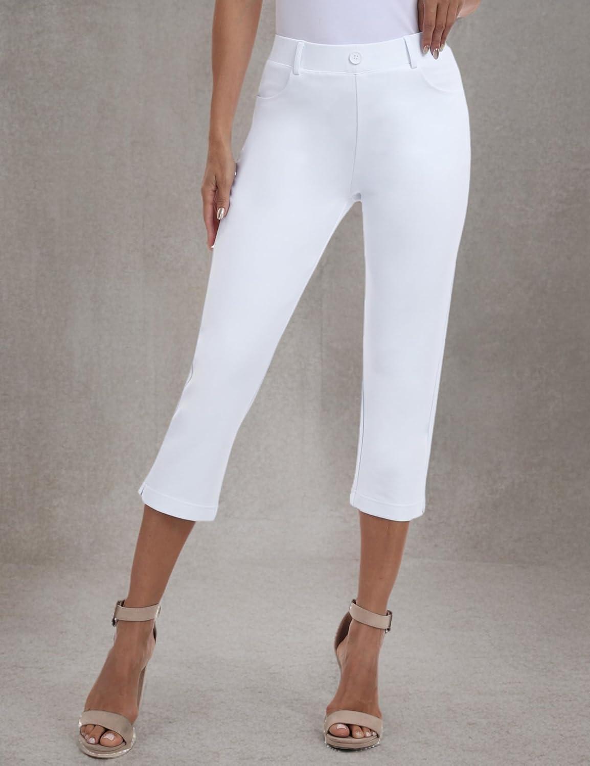 imageMoFiz Womens Capri Pants Summer PullOn Stretch Straight Leg Golf Yoga ampamp Business Casual Dressy Cropped Pants with PocketsWhite