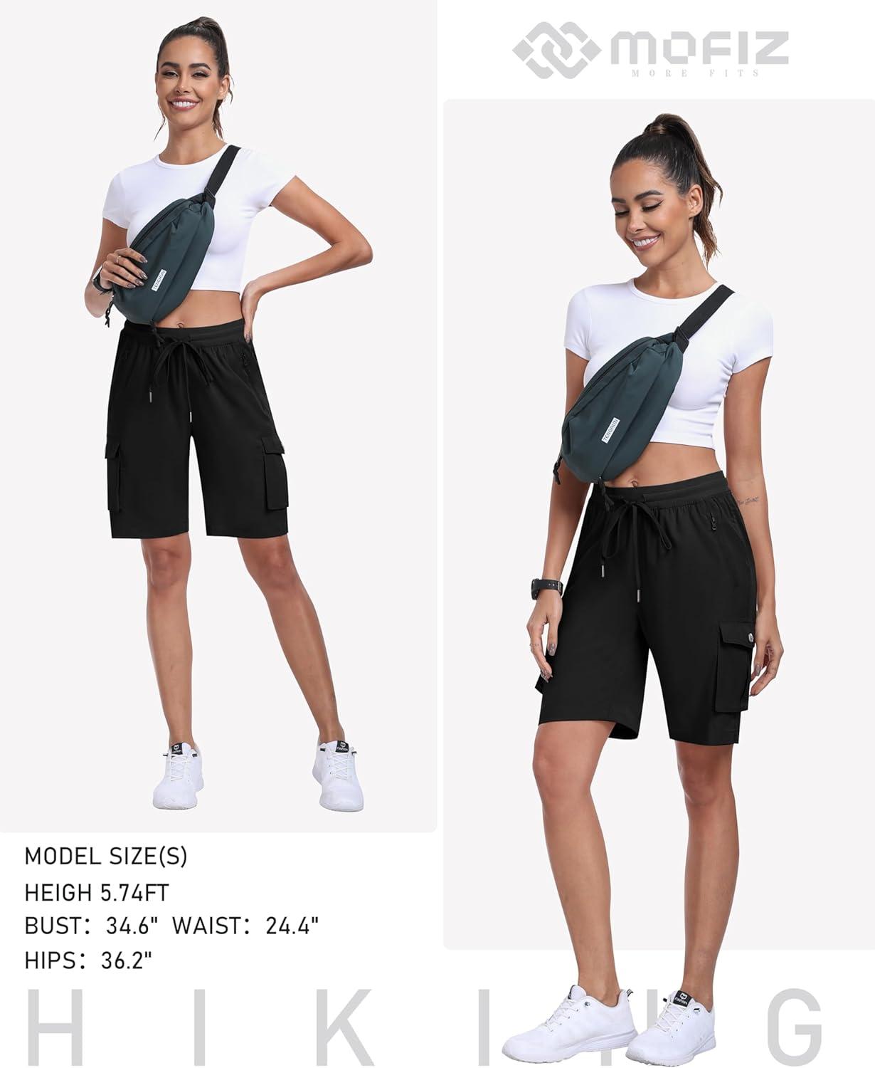 imageMoFiz Womens Cargo Shorts Quick Dry Athletic Shorts Lightweight Running Summer Hiking Shorts with PocketsBlack