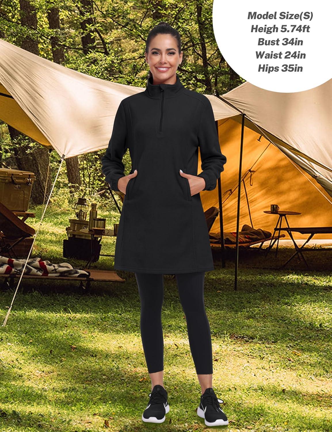 imageMoFiz Womens Fleece Dress Sweatshirt Long Half Zip Pullover Polar Tunic Winter Lounge Dress Warm Cover Ups with PocketBlack