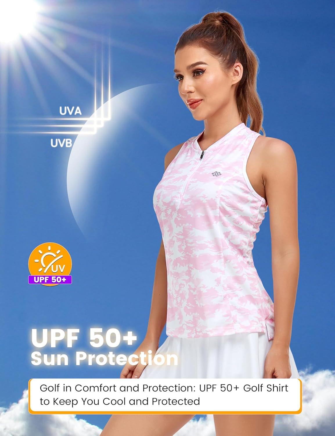 imageMoFiz Womens Golf Tennis Polo Shirt Sleeveless 14 Zip Collarless Racerback Pickleball Tank Tops Quick Dry Athletic TShirtCamo Pink