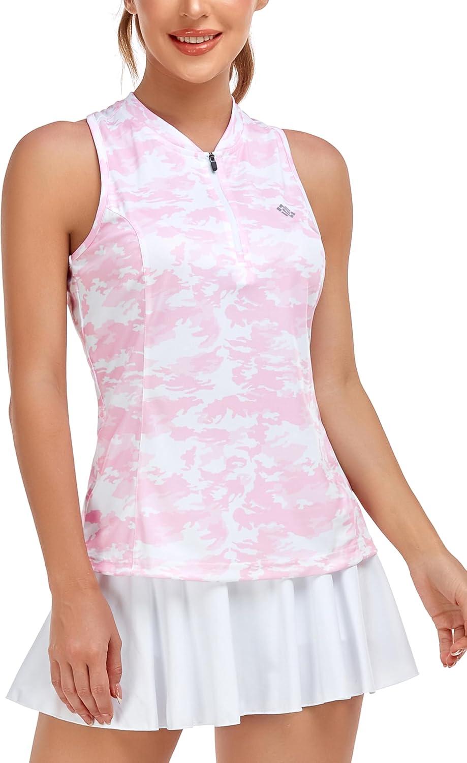 imageMoFiz Womens Golf Tennis Polo Shirt Sleeveless 14 Zip Collarless Racerback Pickleball Tank Tops Quick Dry Athletic TShirtCamo Pink