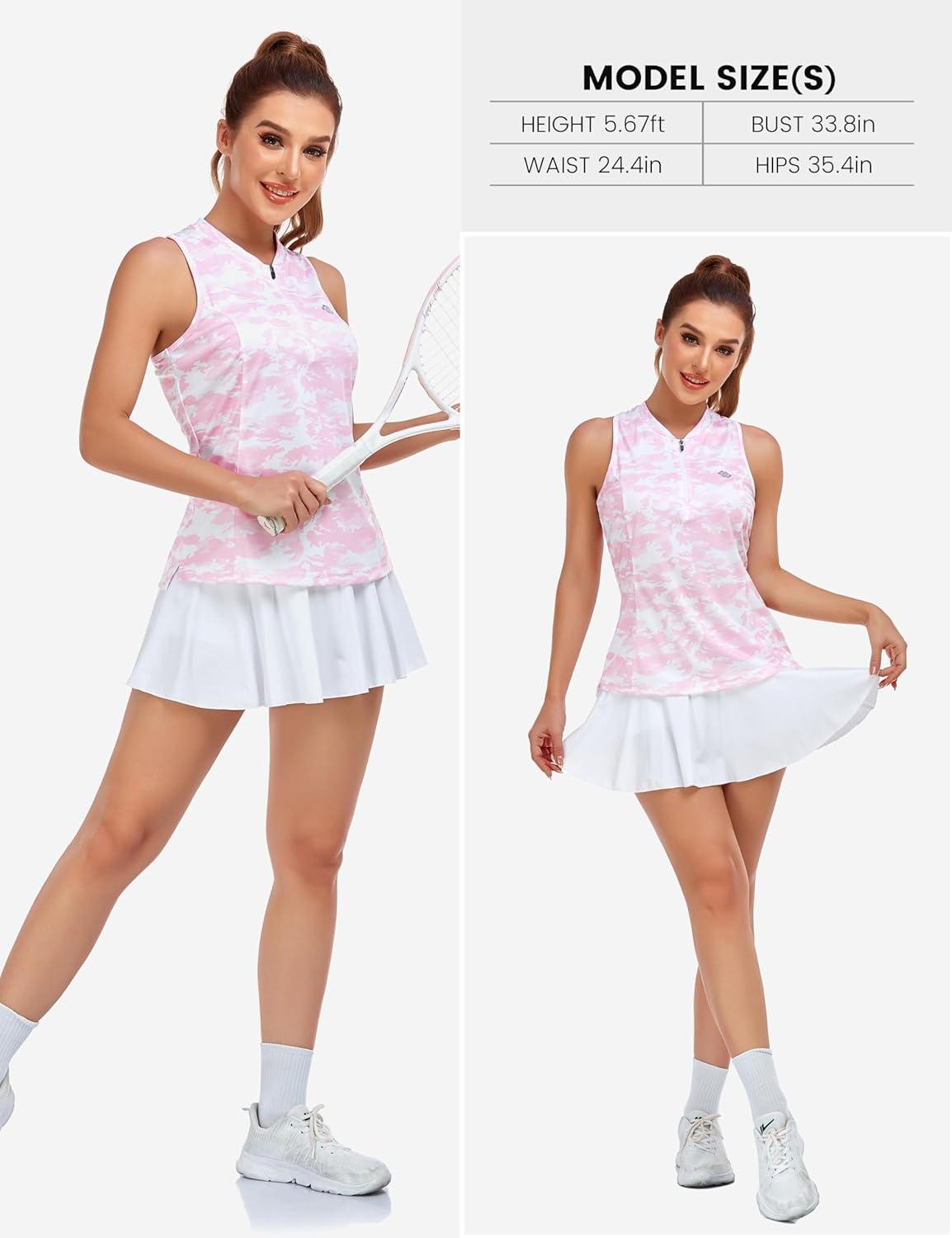 imageMoFiz Womens Golf Tennis Polo Shirt Sleeveless 14 Zip Collarless Racerback Pickleball Tank Tops Quick Dry Athletic TShirtCamo Pink