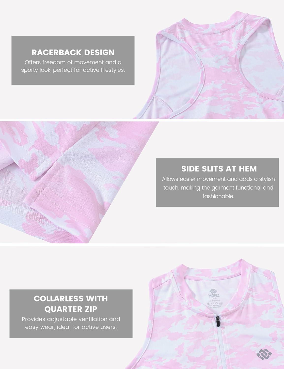 imageMoFiz Womens Golf Tennis Polo Shirt Sleeveless 14 Zip Collarless Racerback Pickleball Tank Tops Quick Dry Athletic TShirtCamo Pink