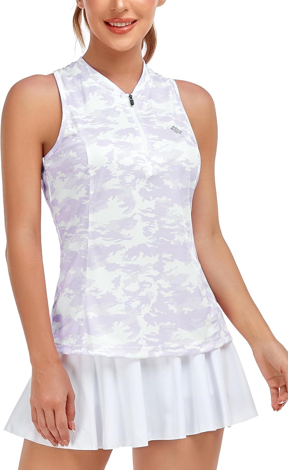 imageMoFiz Womens Golf Tennis Polo Shirt Sleeveless 14 Zip Collarless Racerback Pickleball Tank Tops Quick Dry Athletic TShirtCamo Purple