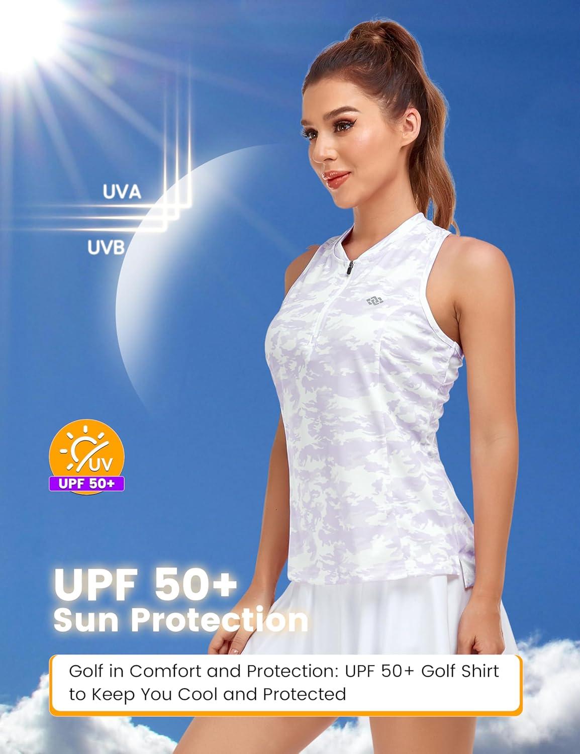 imageMoFiz Womens Golf Tennis Polo Shirt Sleeveless 14 Zip Collarless Racerback Pickleball Tank Tops Quick Dry Athletic TShirtCamo Purple