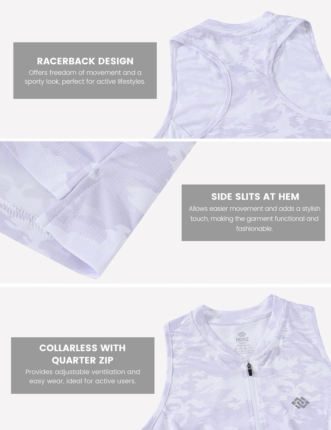 imageMoFiz Womens Golf Tennis Polo Shirt Sleeveless 14 Zip Collarless Racerback Pickleball Tank Tops Quick Dry Athletic TShirtCamo Purple