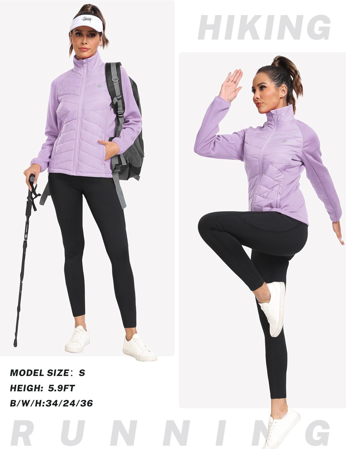 imageMoFiz Womens Lightweight Insulated Hiking Jacket Fleece Lined Thermal Hybrid Softshell Full Zip Winter Fall Running CoatLight Purple
