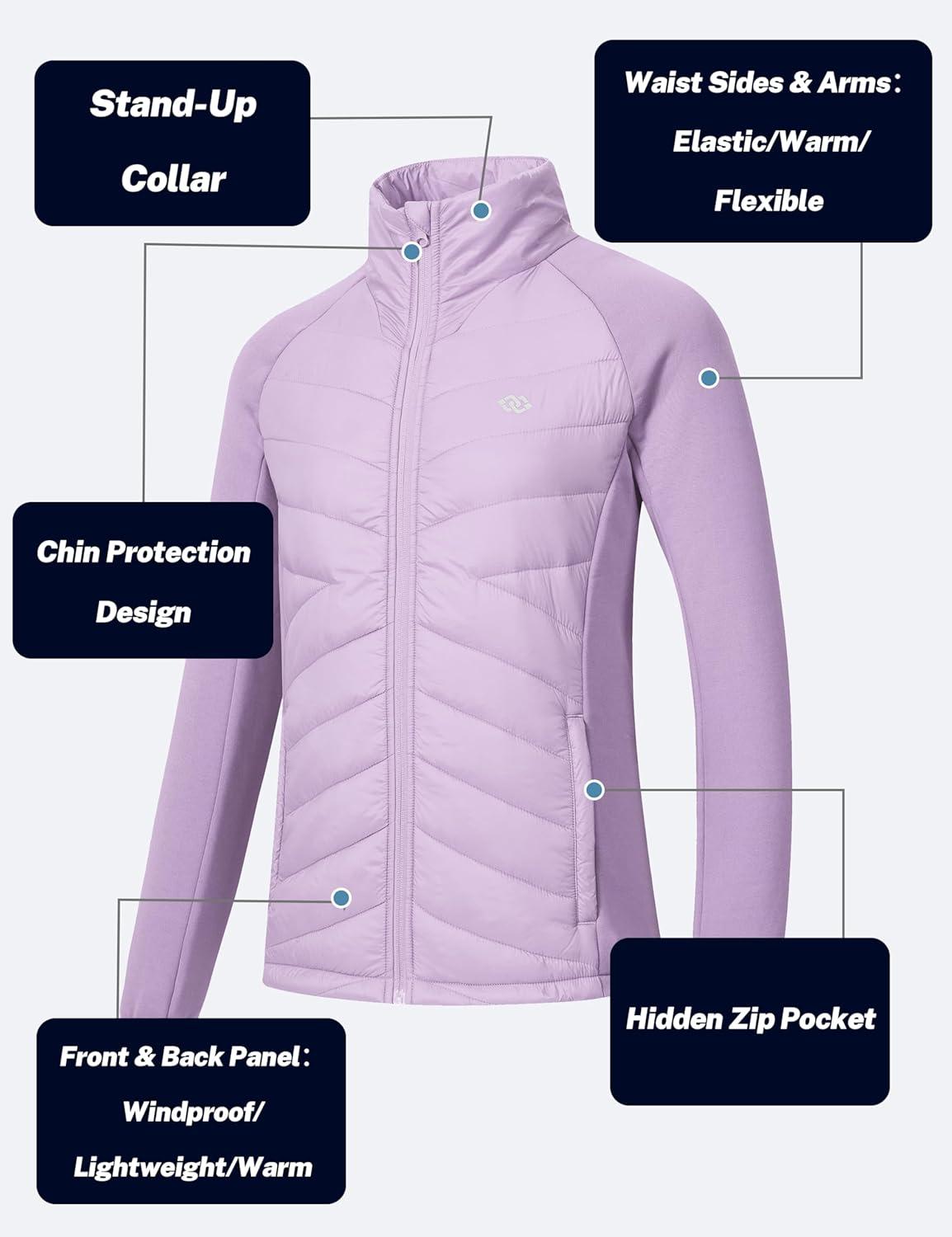 imageMoFiz Womens Lightweight Insulated Hiking Jacket Fleece Lined Thermal Hybrid Softshell Full Zip Winter Fall Running CoatLight Purple