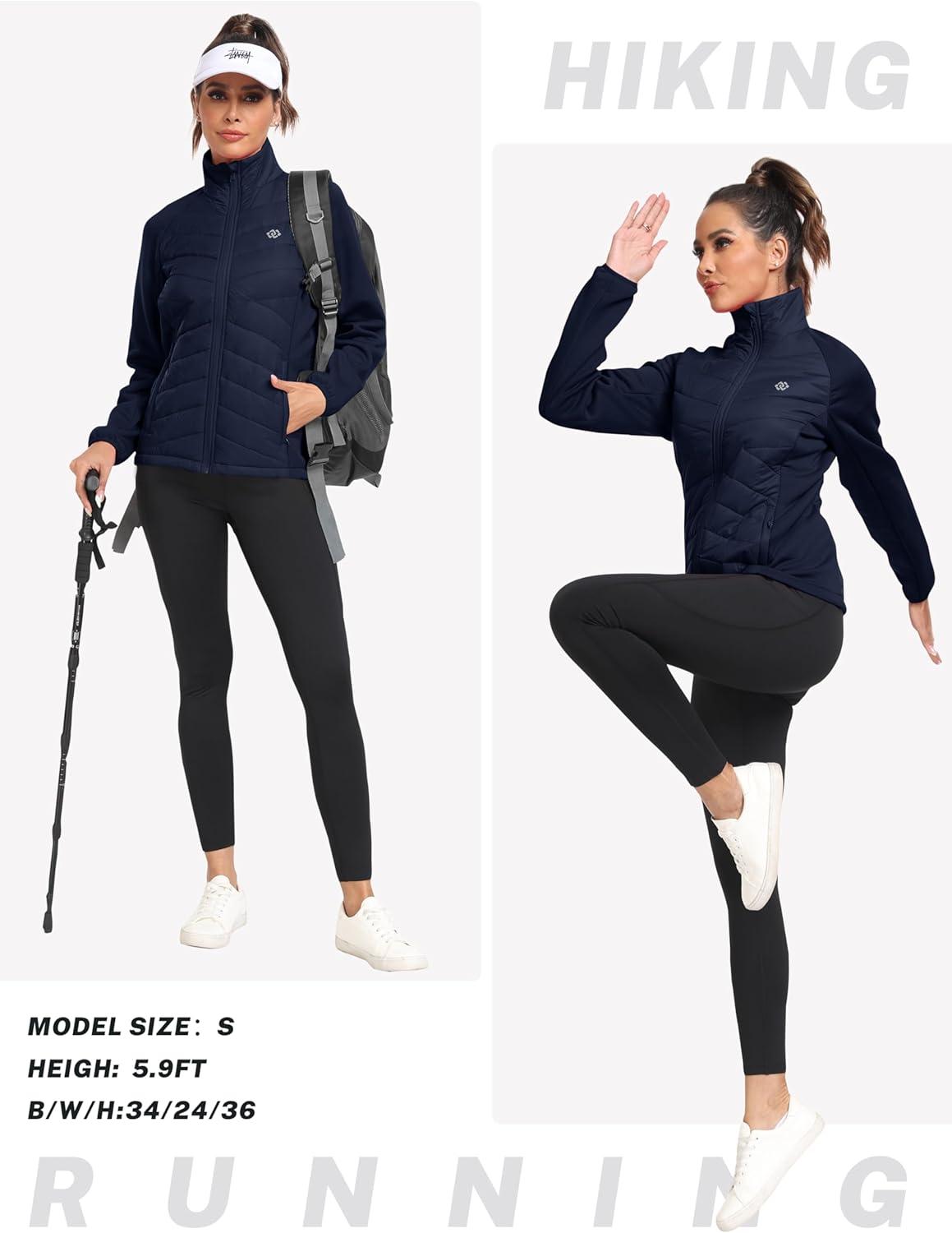 imageMoFiz Womens Lightweight Insulated Hiking Jacket Fleece Lined Thermal Hybrid Softshell Full Zip Winter Fall Running CoatNavy Blue