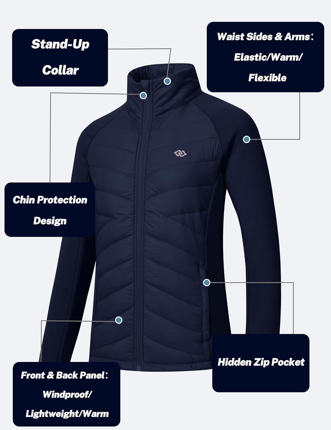 imageMoFiz Womens Lightweight Insulated Hiking Jacket Fleece Lined Thermal Hybrid Softshell Full Zip Winter Fall Running CoatNavy Blue