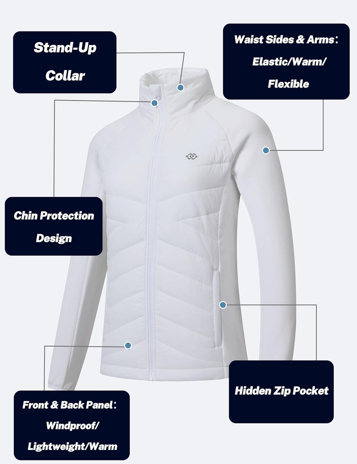 imageMoFiz Womens Lightweight Insulated Hiking Jacket Fleece Lined Thermal Hybrid Softshell Full Zip Winter Fall Running CoatWhite
