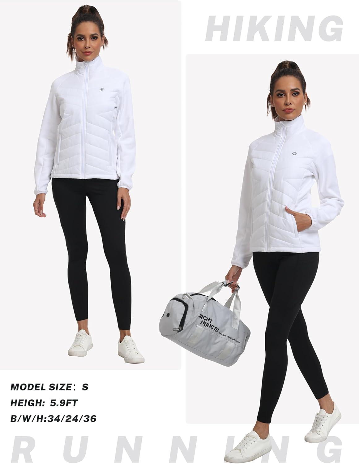 imageMoFiz Womens Lightweight Insulated Hiking Jacket Fleece Lined Thermal Hybrid Softshell Full Zip Winter Fall Running CoatWhite