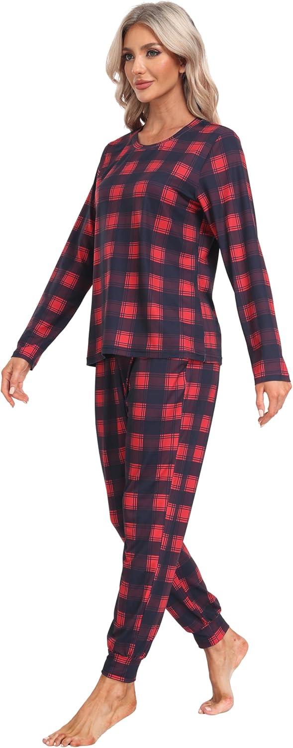 imageMoFiz Womens Long Sleeve Pajamas Sets with Plaid Pants Comfy Sleepwear Nightwear 2 Piece Pjs with PocketsAared Plaid
