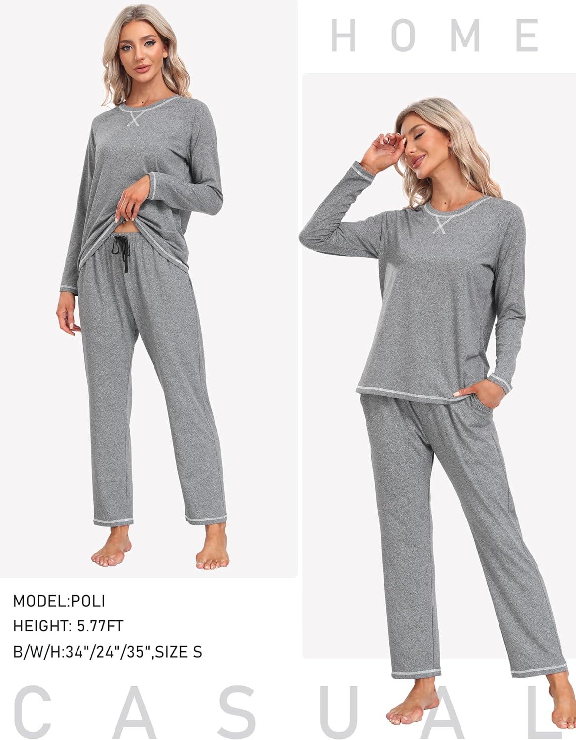 imageMoFiz Womens Pajamas Sets Long Sleeve Sleepwear 2 Piece Pjs Lightweight Lounge Set with PocketsGrey