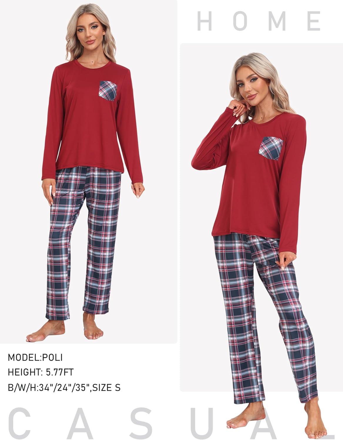 imageMoFiz Womens Pajamas Sets Long Sleeve Soft Sleepwear 2 Piece Pjs Lightweight Lounge SetPlaid 57
