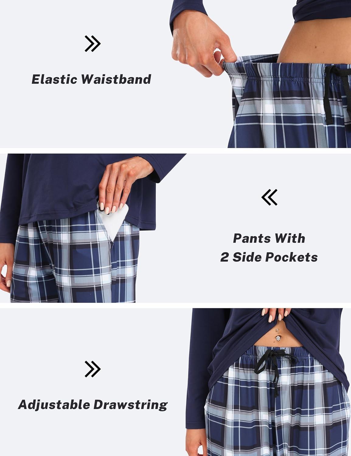 imageMoFiz Womens Plaid Pajama Set Long Sleeve Soft 2Piece Sleepwear with Pockets Cozy PJs ampamp Loungewear for Holiday Christmas59navy Plaid