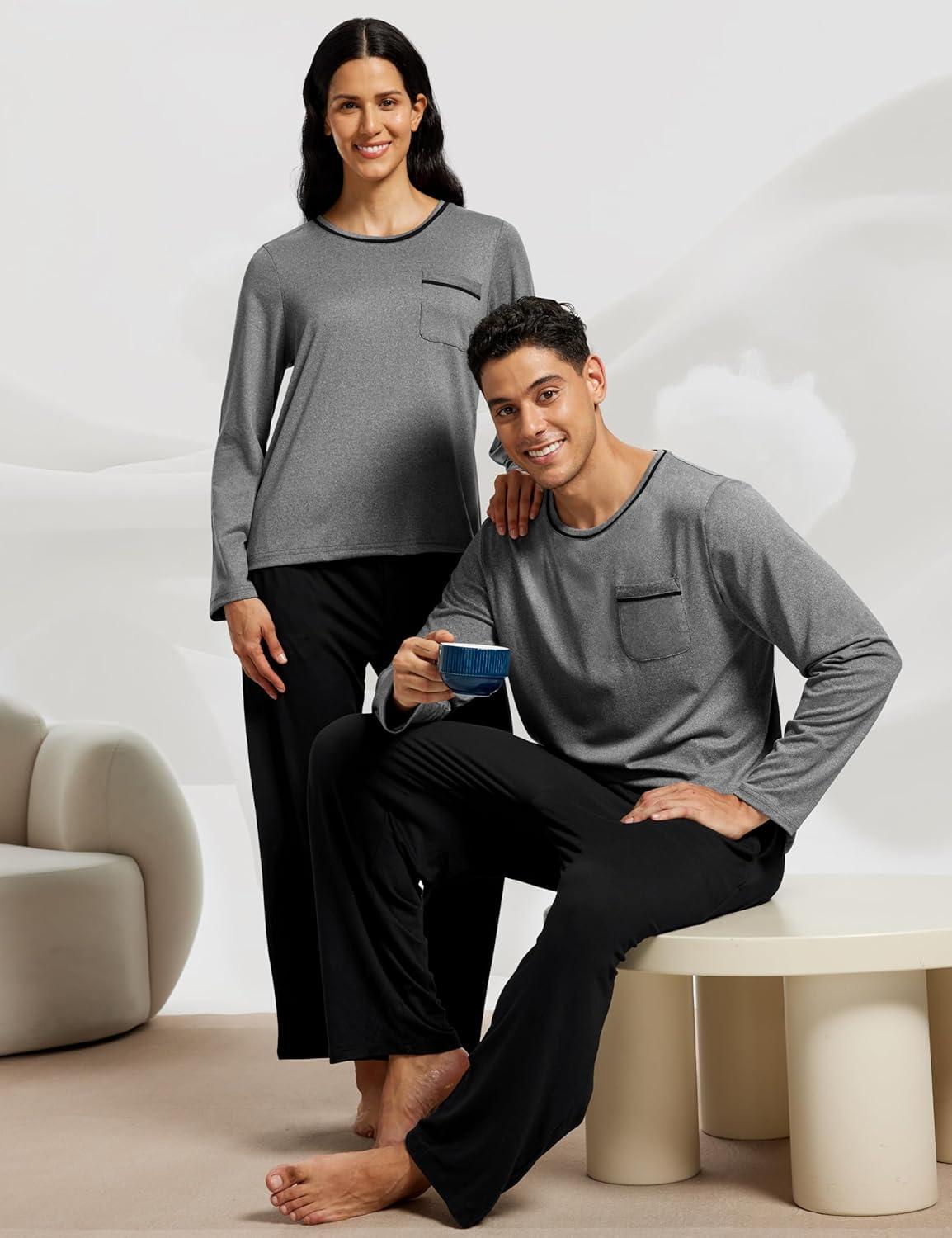 imageMoFiz Womens Plaid Pajama Set Long Sleeve Soft 2Piece Sleepwear with Pockets Cozy PJs ampamp Loungewear for Holiday ChristmasDark Gray Top Black Pants Set