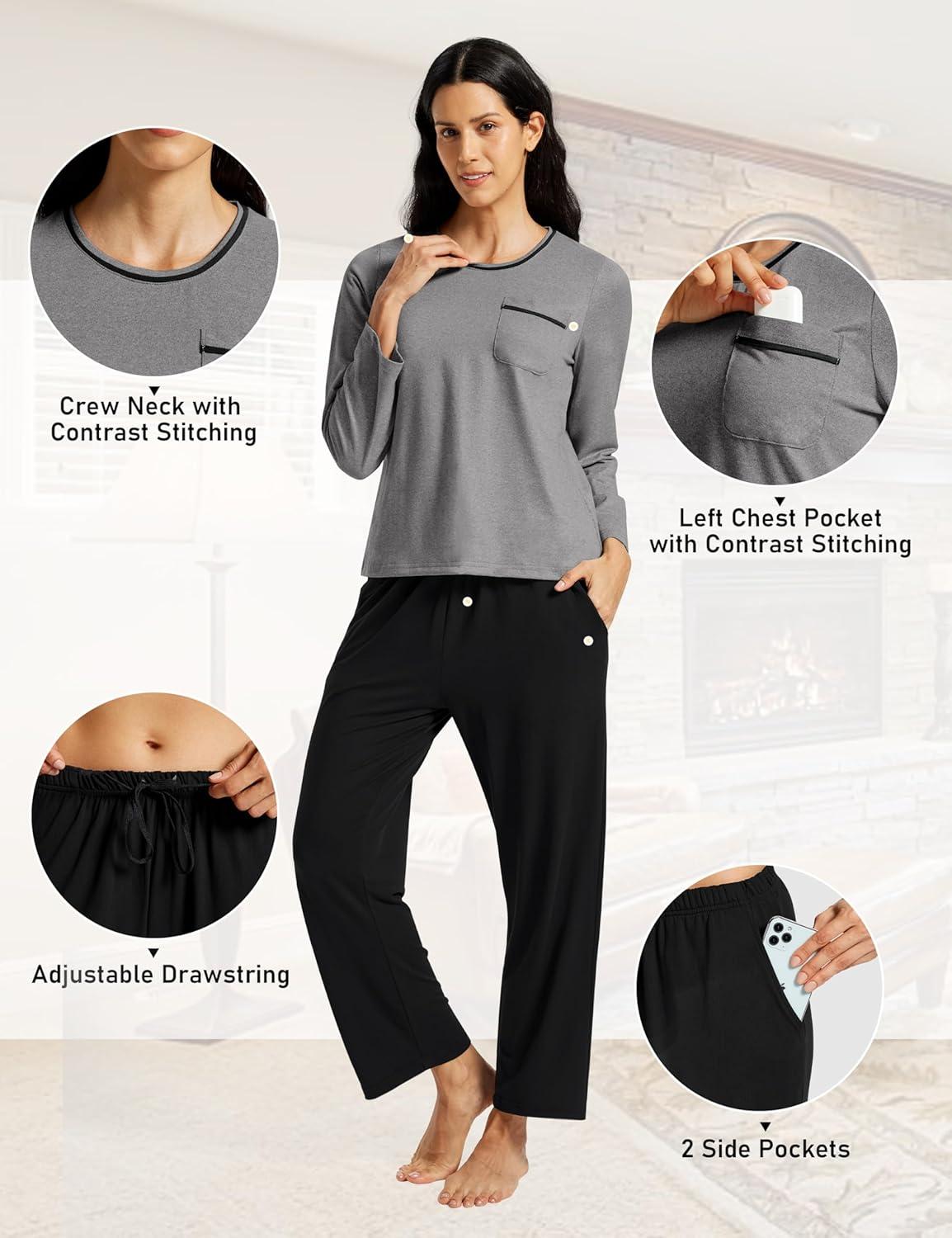 imageMoFiz Womens Plaid Pajama Set Long Sleeve Soft 2Piece Sleepwear with Pockets Cozy PJs ampamp Loungewear for Holiday ChristmasDark Gray Top Black Pants Set