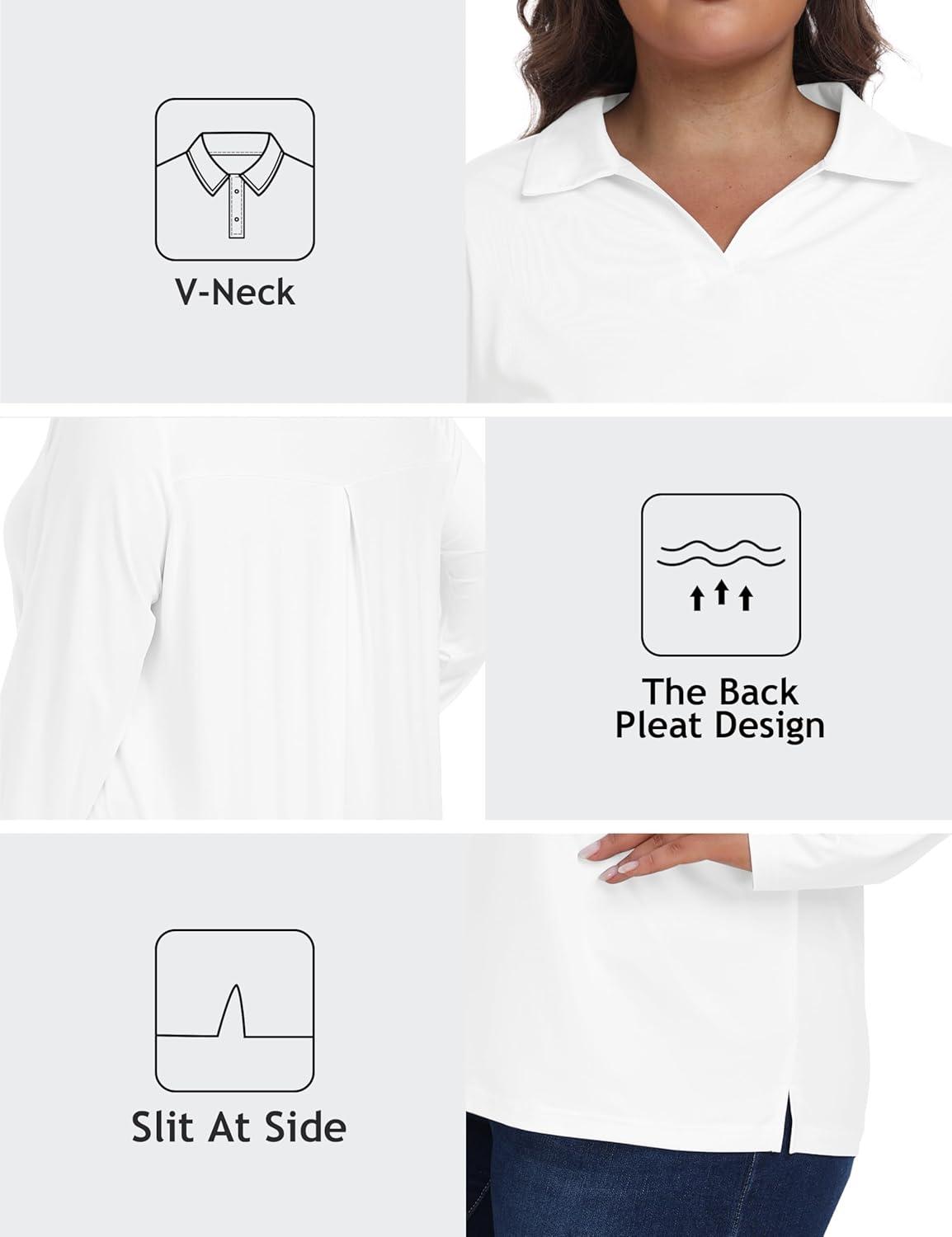 imageMoFiz Womens Plus Size Golf Long Sleeve Polo Shirts V Neck Workout Casual Loose Fit Tops XL5XLWhite