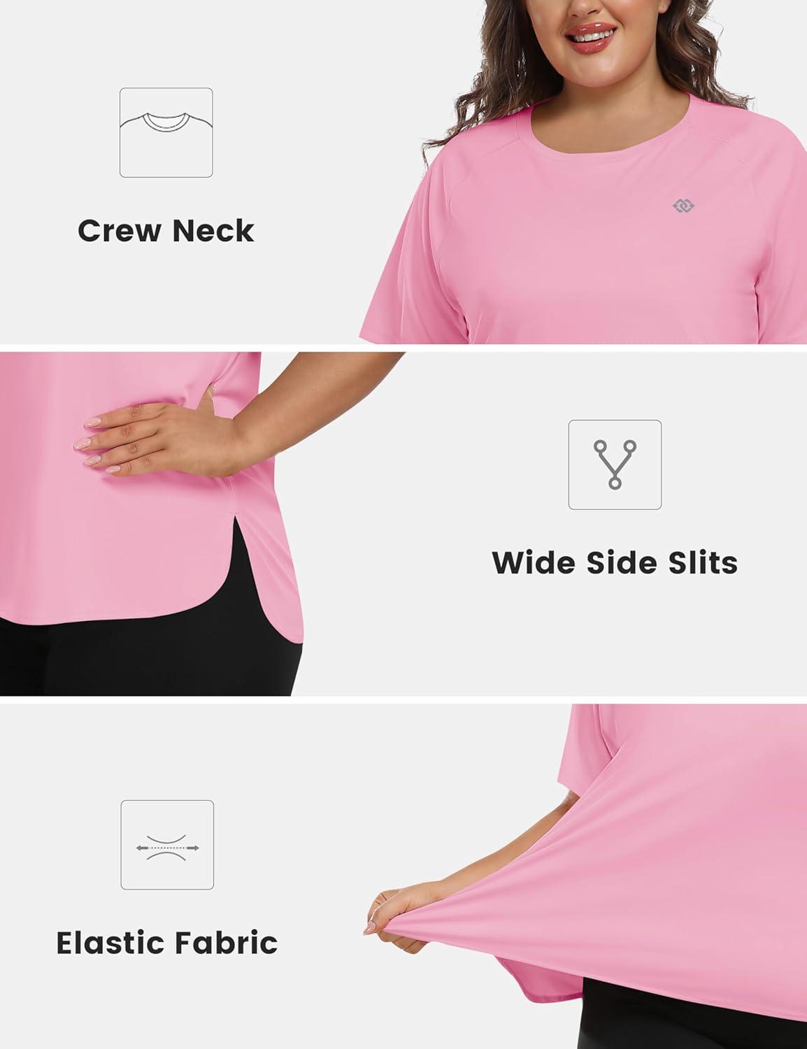 imageMoFiz Womens Plus Size Workout Tops Short Sleeve Running Shirts UPF 50 Hiking TShirts Quick Dry Athletic TopPink
