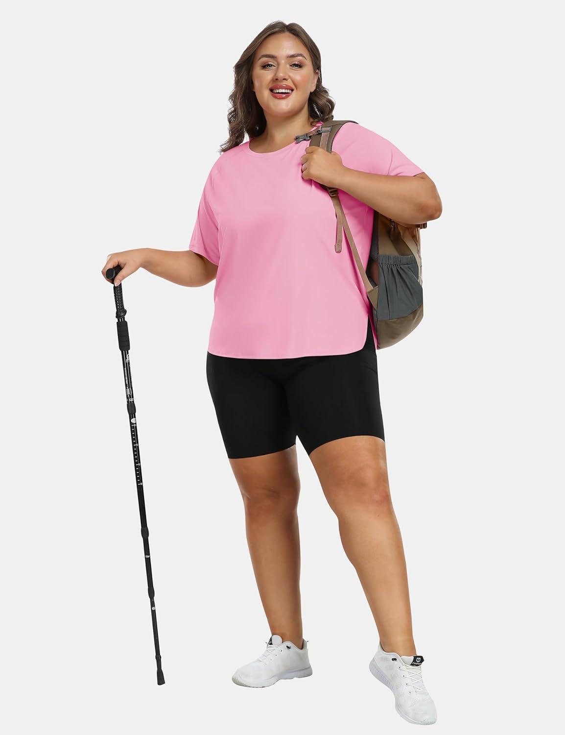 imageMoFiz Womens Plus Size Workout Tops Short Sleeve Running Shirts UPF 50 Hiking TShirts Quick Dry Athletic TopPink