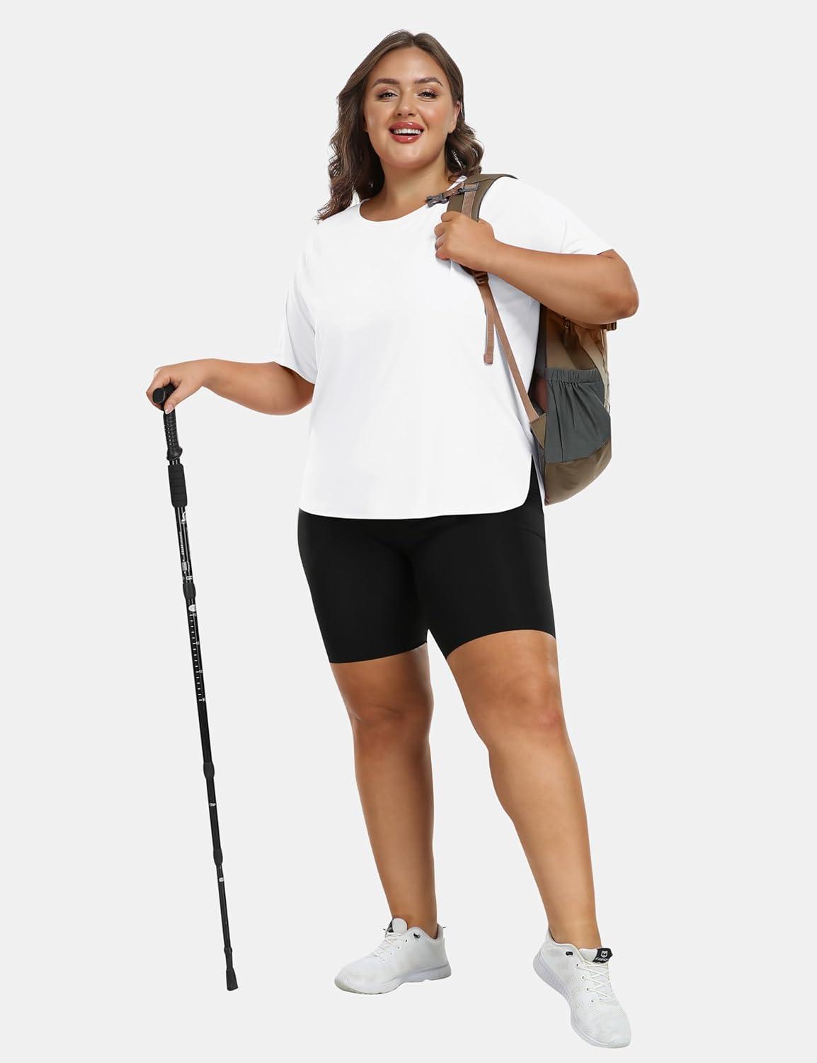 imageMoFiz Womens Plus Size Workout Tops Short Sleeve Running Shirts UPF 50 Hiking TShirts Quick Dry Athletic TopWhite