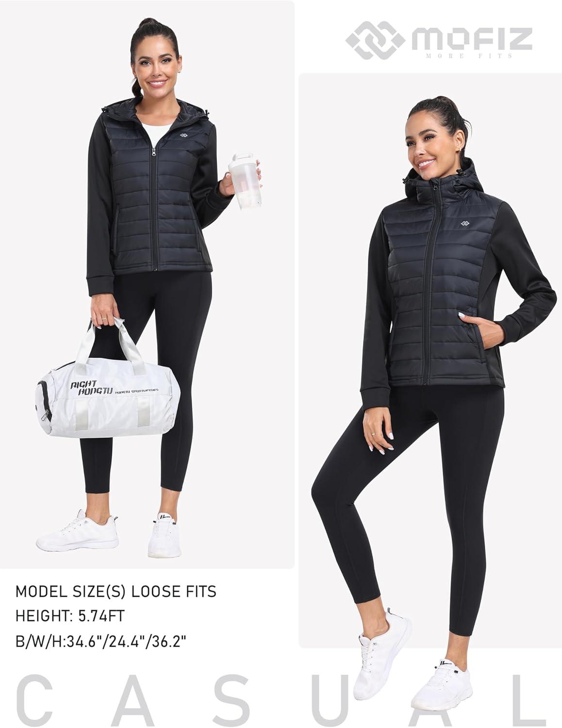 imageMoFiz Womens Softshell Jacket with Hood Fleece Lined Warm Lightweight Waterproof Insulated Fall Running CoatBlack