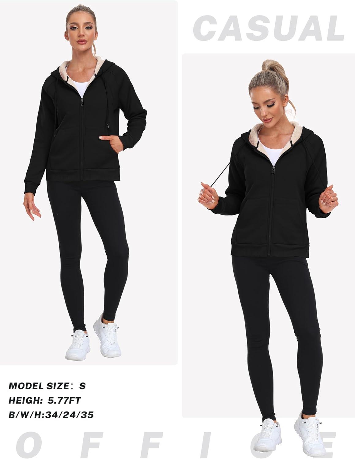 imageMoFiz Womens Zip up Hoodie Fleece Lined Warm Jackets Winter Thick Hoodies with PocketsBlack