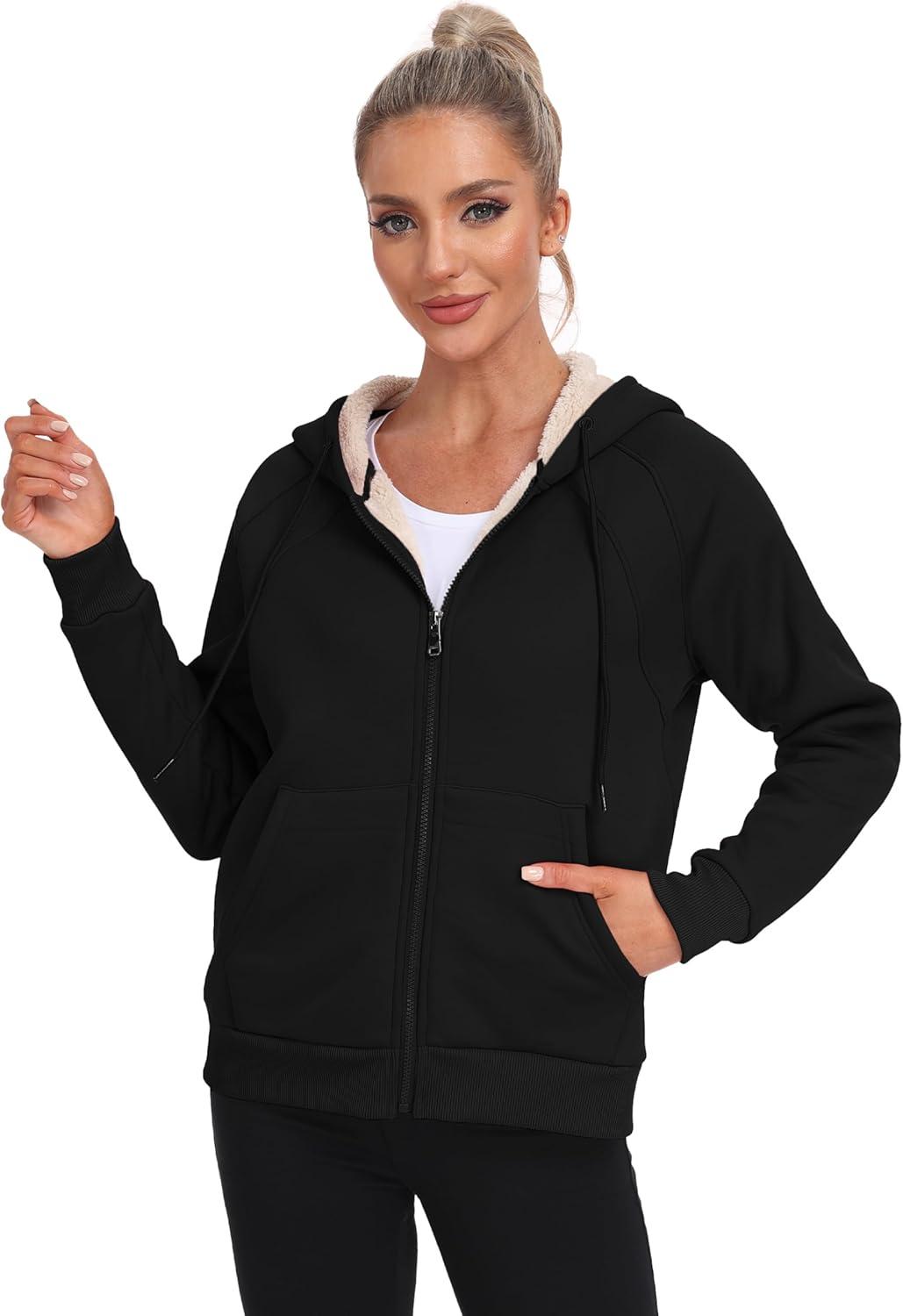 imageMoFiz Womens Zip up Hoodie Fleece Lined Warm Jackets Winter Thick Hoodies with PocketsBlack