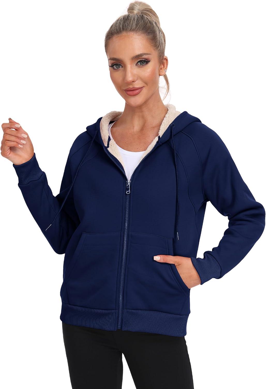 imageMoFiz Womens Zip up Hoodie Fleece Lined Warm Jackets Winter Thick Hoodies with PocketsNavy Blue