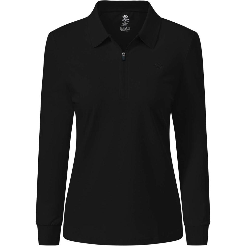 imageJINSHI Womens Golf Polo Shirt Long Sleeves Zip Up Sport Active Shirts Quick Dry Athletic TShirt Casual Tennis Tops Slim FitBlack