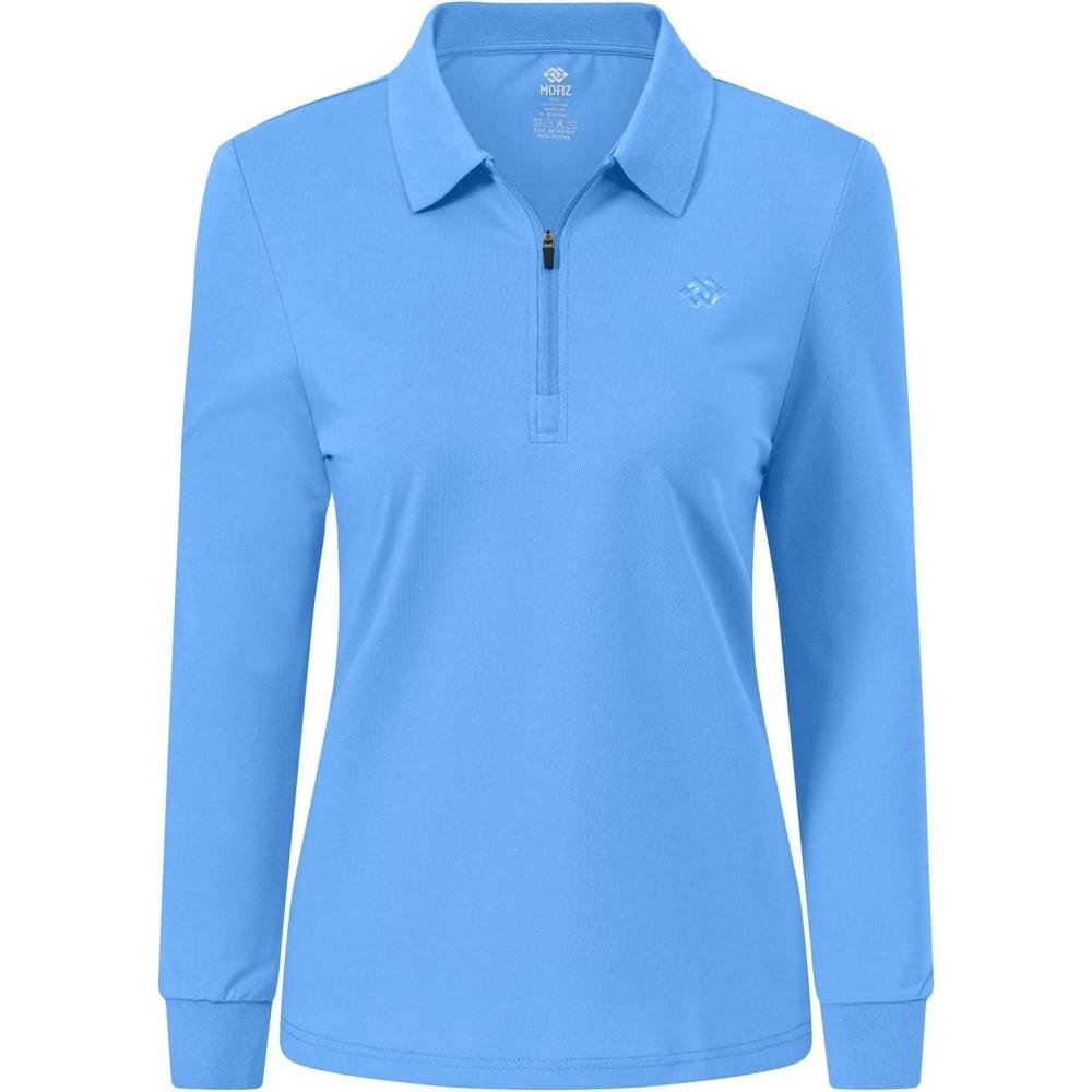 imageJINSHI Womens Golf Polo Shirt Long Sleeves Zip Up Sport Active Shirts Quick Dry Athletic TShirt Casual Tennis Tops Slim FitSky Blue