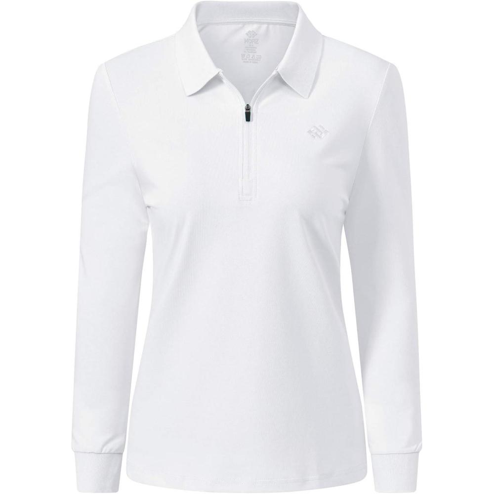 imageJINSHI Womens Golf Polo Shirt Long Sleeves Zip Up Sport Active Shirts Quick Dry Athletic TShirt Casual Tennis Tops Slim FitWhite