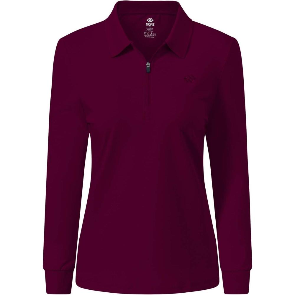 imageJINSHI Womens Golf Polo Shirt Long Sleeves Zip Up Sport Active Shirts Quick Dry Athletic TShirt Casual Tennis Tops Slim FitWine Red