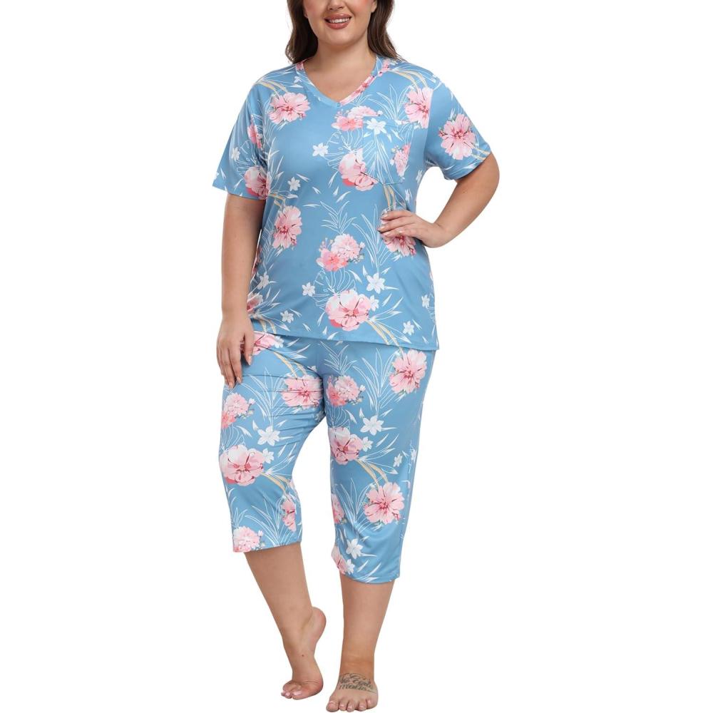 imageJINSHI Womens Plus Size Pajama Sets Short Sleeve Pjs Set V Neck Tops ampamp Capri Pants Sleepwear 2 Piece Lounge Set XL5XLBlue Flower