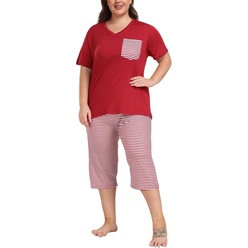 imageJINSHI Womens Plus Size Pajama Sets Short Sleeve Pjs Set V Neck Tops ampamp Capri Pants Sleepwear 2 Piece Lounge Set XL5XLRed Stripes