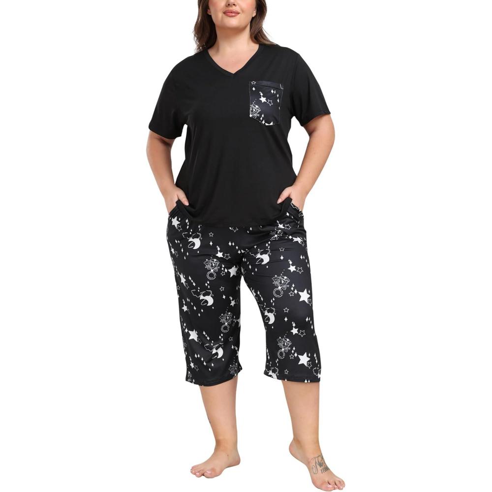 imageJINSHI Womens Plus Size Pajama Sets Short Sleeve Pjs Set V Neck Tops ampamp Capri Pants Sleepwear 2 Piece Lounge Set XL5XLSky Black