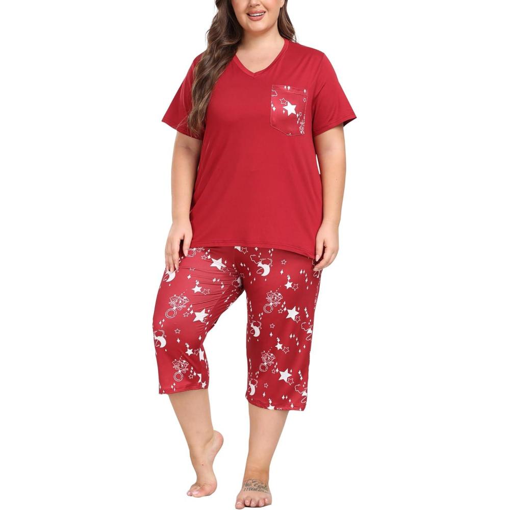 imageJINSHI Womens Plus Size Pajama Sets Short Sleeve Pjs Set V Neck Tops ampamp Capri Pants Sleepwear 2 Piece Lounge Set XL5XLSky Red