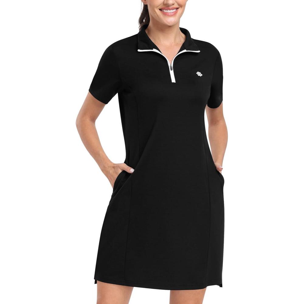 imageJINSHI Womens Tennis Golf Dress Soft Sport Workout Short Sleeve Stand Collar Dresses for Women with Zipper PocketsUpgraded Black